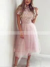 A-line High Neck Lace Tulle Tea-length Short Prom Dresses With Appliques Lace #Favs020020110504