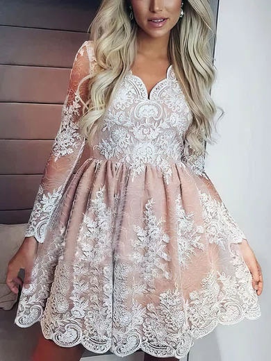 A-line V-neck Lace Short/Mini Short Prom Dresses #Favs020020111269