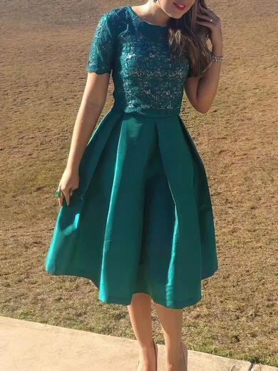 A-line Scoop Neck Satin Knee-length Short Prom Dresses With Lace #Favs020020111270