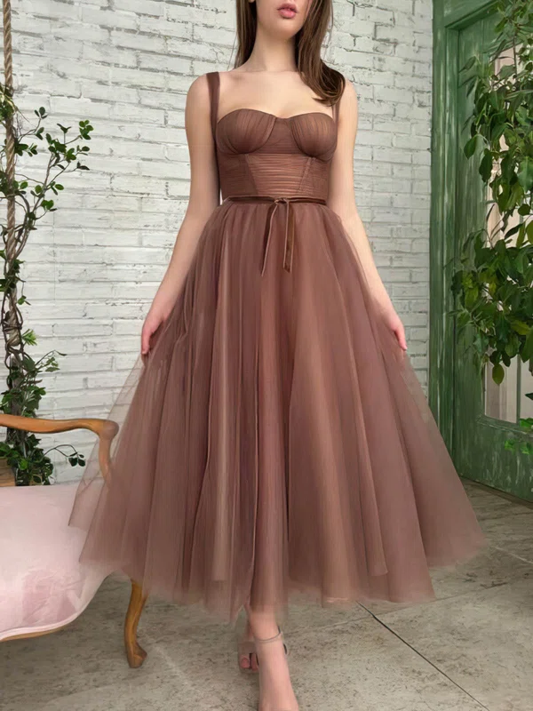 A-line Sweetheart Tulle Ankle-length Short Prom Dresses With Sashes / Ribbons #Favs020020110510