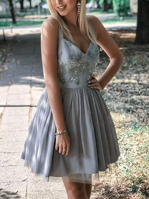 A-line V-neck Lace Tulle Short/Mini Short Prom Dresses With Appliques Lace #Favs020020110517