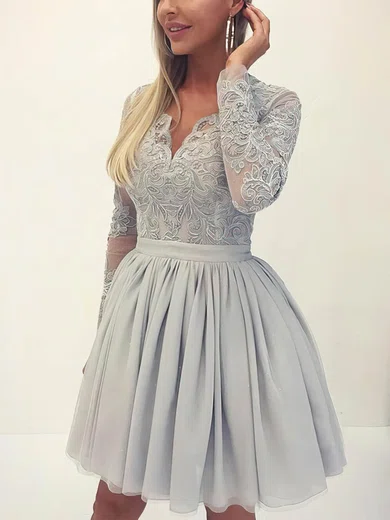 A-line V-neck Lace Tulle Short/Mini Short Prom Dresses With Appliques Lace #Favs020020110526