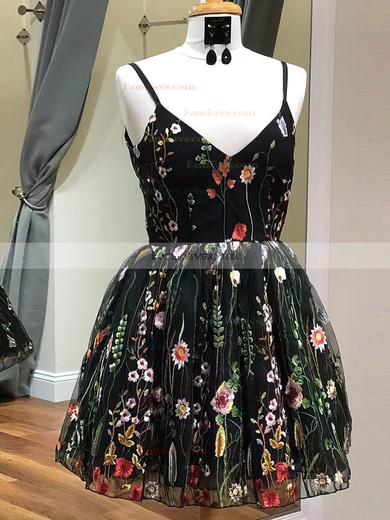 A-line V-neck Lace Tulle Short/Mini Short Prom Dresses With Appliques Lace #Favs020020110527