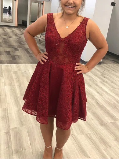 A-line V-neck Lace Tulle Short/Mini Short Prom Dresses With Appliques Lace #Favs020020110529