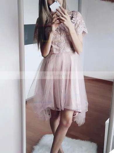 A-line V-neck Lace Tulle Asymmetrical Short Prom Dresses With Appliques Lace #Favs020020110535