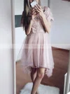 A-line V-neck Lace Tulle Asymmetrical Short Prom Dresses With Appliques Lace #Favs020020110535