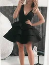 A-line V-neck Satin Short/Mini Short Prom Dresses With Tiered #Favs020020110537