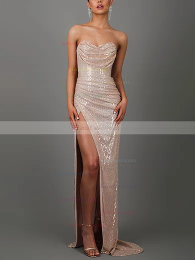 Sheath/Column Cowl Neck Sequined Sweep Train Prom Dresses With Split Front #Favs020115637