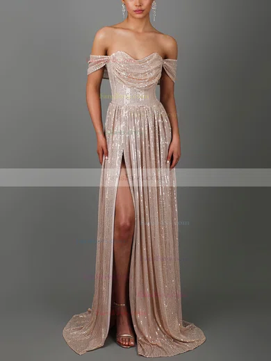 A-line Off-the-shoulder Sequined Sweep Train Prom Dresses With Split Front #Favs020115638