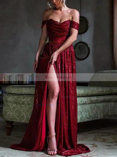 A-line Off-the-shoulder Sequined Sweep Train Prom Dresses With Split Front #Favs020115638