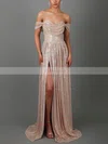 A-line Off-the-shoulder Sequined Sweep Train Prom Dresses With Split Front #Favs020115638