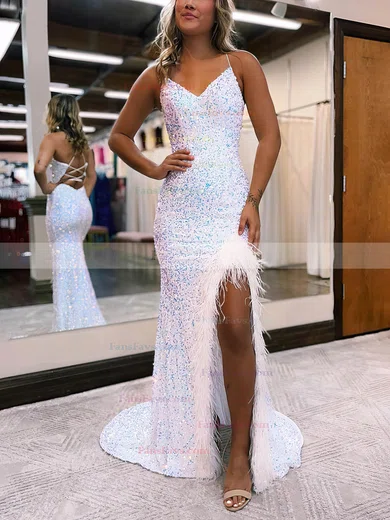 Sheath/Column V-neck Sequined Sweep Train Prom Dresses With Feathers / Fur #Favs020115651