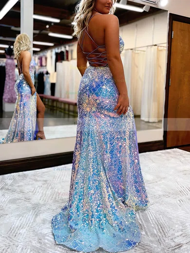 Sheath/Column V-neck Sequined Sweep Train Prom Dresses With Split Front #Favs020115653