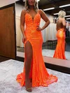 Sheath/Column V-neck Sequined Sweep Train Prom Dresses With Appliques Lace #Favs020115654