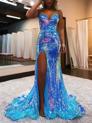 Sheath/Column Sweetheart Sequined Sweep Train Prom Dresses With Split Front #Favs020115655