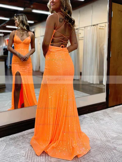 Sheath/Column V-neck Sequined Sweep Train Prom Dresses With Split Front #Favs020115656