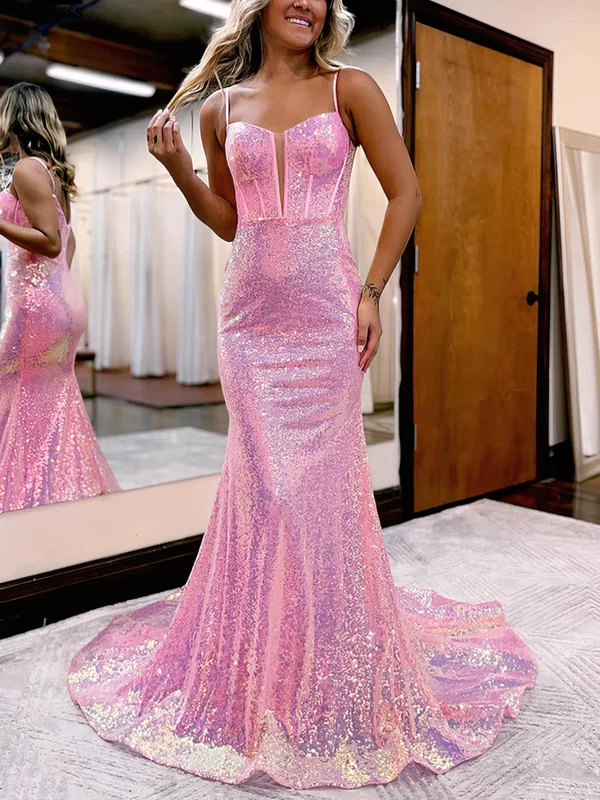 Trumpet/Mermaid V-neck Sequined Sweep Train Prom Dresses #Favs020115657