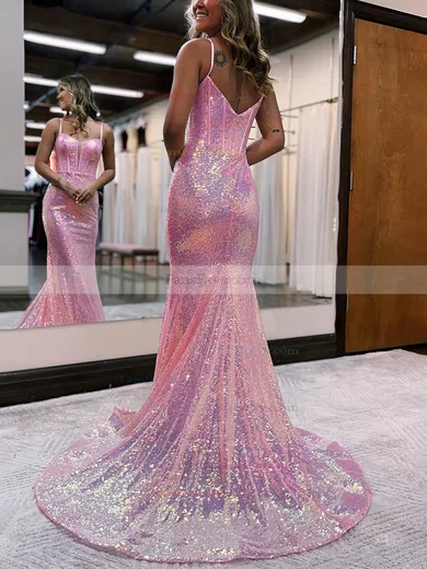 Trumpet/Mermaid V-neck Sequined Sweep Train Prom Dresses #Favs020115657