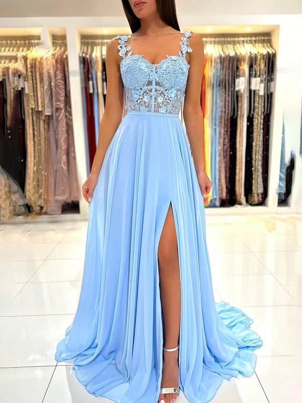 A-line Sweetheart Chiffon Sweep Train Prom Dresses With Appliques Lace #Favs020115660