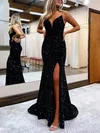 Sheath/Column V-neck Sequined Sweep Train Prom Dresses With Split Front #Favs020115663