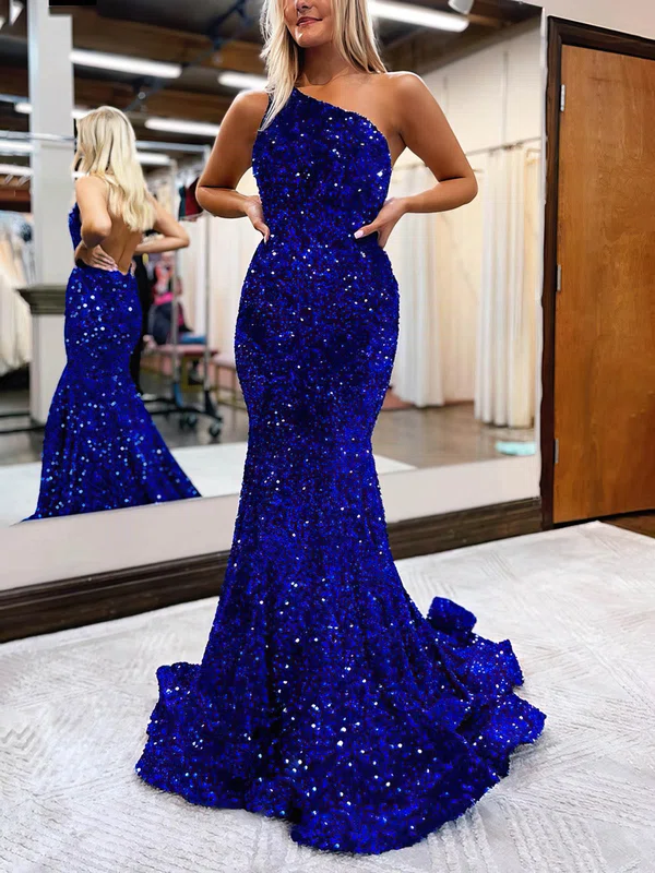 Trumpet/Mermaid One Shoulder Sequined Sweep Train Prom Dresses #Favs020115664