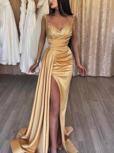 Sheath/Column V-neck Satin Sweep Train Prom Dresses With Beading #Favs020115668