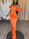 Sheath/Column Off-the-shoulder Satin Floor-length Prom Dresses With Ruffles #Favs020115669