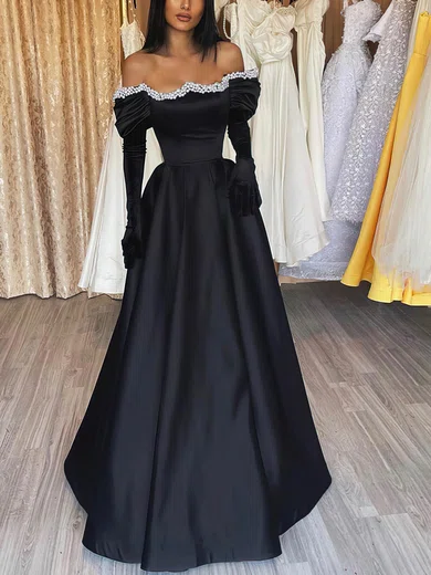 A-line Off-the-shoulder Satin Floor-length Prom Dresses With Pearl Detailing #Favs020115673