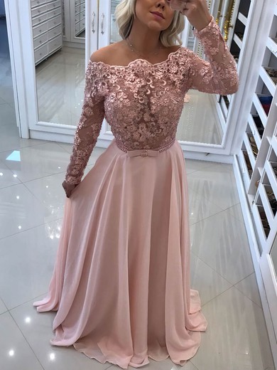A-line Off-the-shoulder Chiffon Floor-length Appliques Lace Prom Dresses #Favs020105588