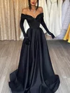 A-line Off-the-shoulder Satin Sweep Train Prom Dresses With Sequins #Favs020115677