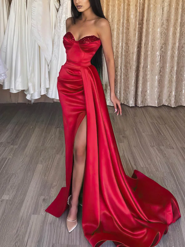 Sheath/Column Sweetheart Satin Sweep Train Prom Dresses With Split Front #Favs020115678