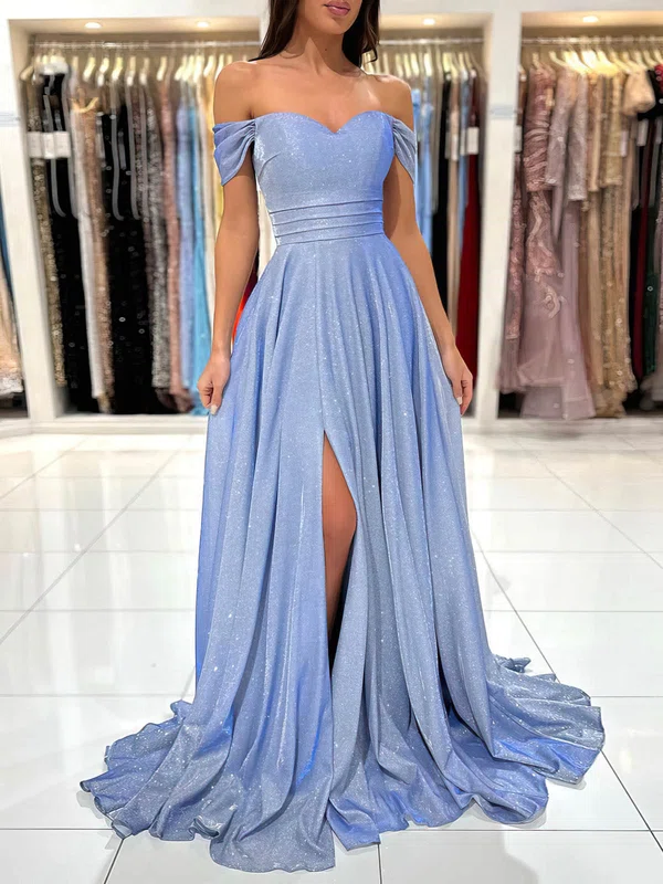 A-line Off-the-shoulder Shimmer Crepe Sweep Train Prom Dresses With Split Front #Favs020115683