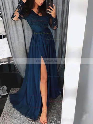 A-line V-neck Chiffon Floor-length Appliques Lace Prom Dresses #Favs020105623