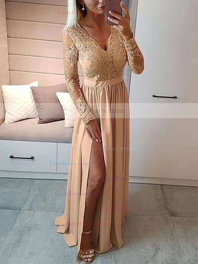 A-line V-neck Chiffon Floor-length Appliques Lace Prom Dresses #Favs020105623