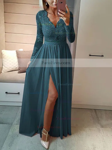 A-line V-neck Chiffon Floor-length Appliques Lace Prom Dresses #Favs020105623