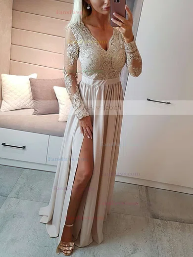 A-line V-neck Chiffon Floor-length Appliques Lace Prom Dresses #Favs020105623