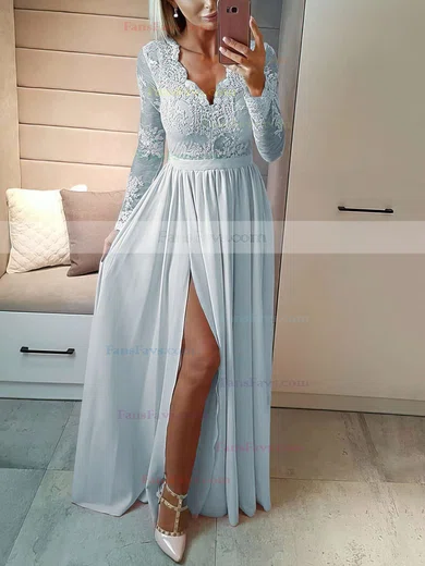 A-line V-neck Chiffon Floor-length Appliques Lace Prom Dresses #Favs020105623