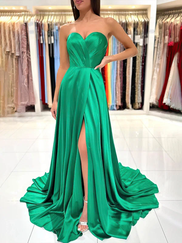 A-line Sweetheart Silk-like Satin Sweep Train Prom Dresses With Split Front #Favs020115684