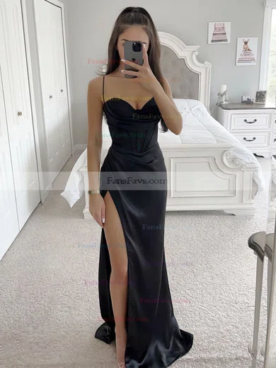 Sheath/Column V-neck Silk-like Satin Floor-length Prom Dresses With Split Front #Favs020115686