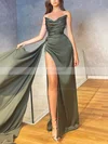 Sheath/Column V-neck Silk-like Satin Sweep Train Prom Dresses With Split Front #Favs020115687