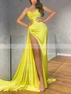 Sheath/Column V-neck Silk-like Satin Sweep Train Prom Dresses With Split Front #Favs020115687