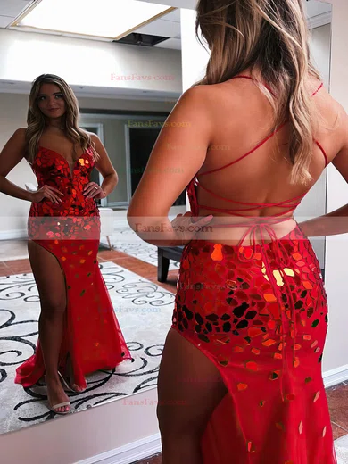 Sheath/Column V-neck Sequined Floor-length Prom Dresses With Split Front #Favs020115690