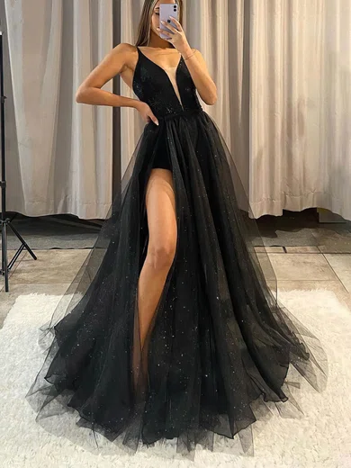 A-line V-neck Glitter Detachable Prom Dresses With Split Front #Favs020115691