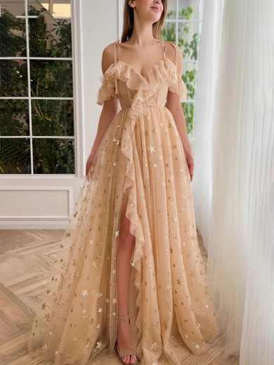 A-line Off-the-shoulder Tulle Floor-length Prom Dresses With Cascading Ruffles #Favs020115692