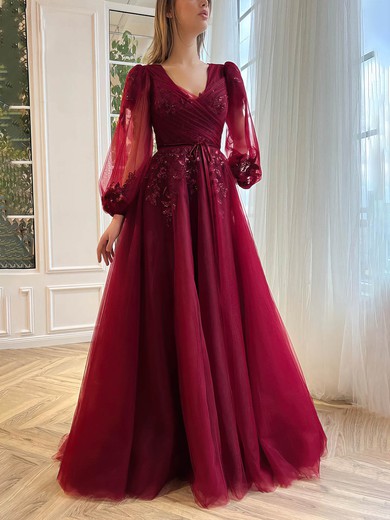 A-line V-neck Tulle Floor-length Prom Dresses With Appliques Lace #Favs020115693