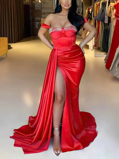 Sheath/Column Off-the-shoulder Silk-like Satin Sweep Train Prom Dresses With Beading #Favs020115710