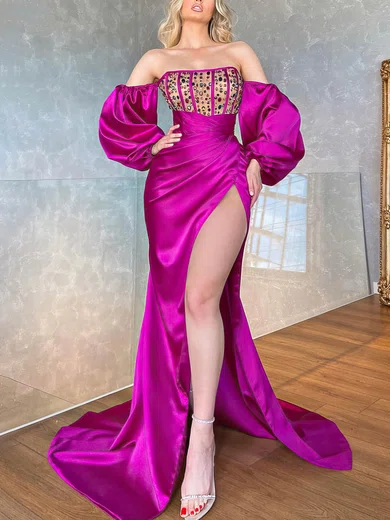 Sheath/Column Off-the-shoulder Satin Sweep Train Prom Dresses With Beading #Favs020115726