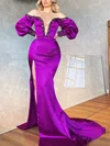 Sheath/Column Off-the-shoulder Satin Sweep Train Prom Dresses With Beading #Favs020115727