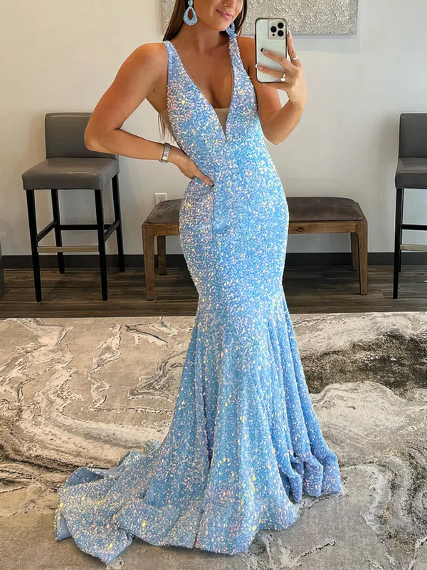 Trumpet/Mermaid V-neck Sequined Sweep Train Prom Dresses #Favs020115738