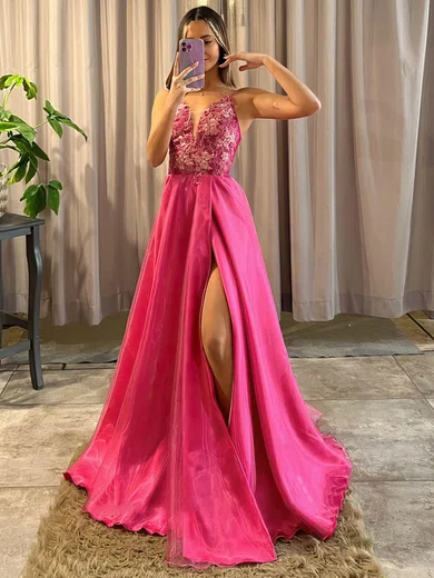 A-line V-neck Organza Sweep Train Prom Dresses With Appliques Lace #Favs020115741